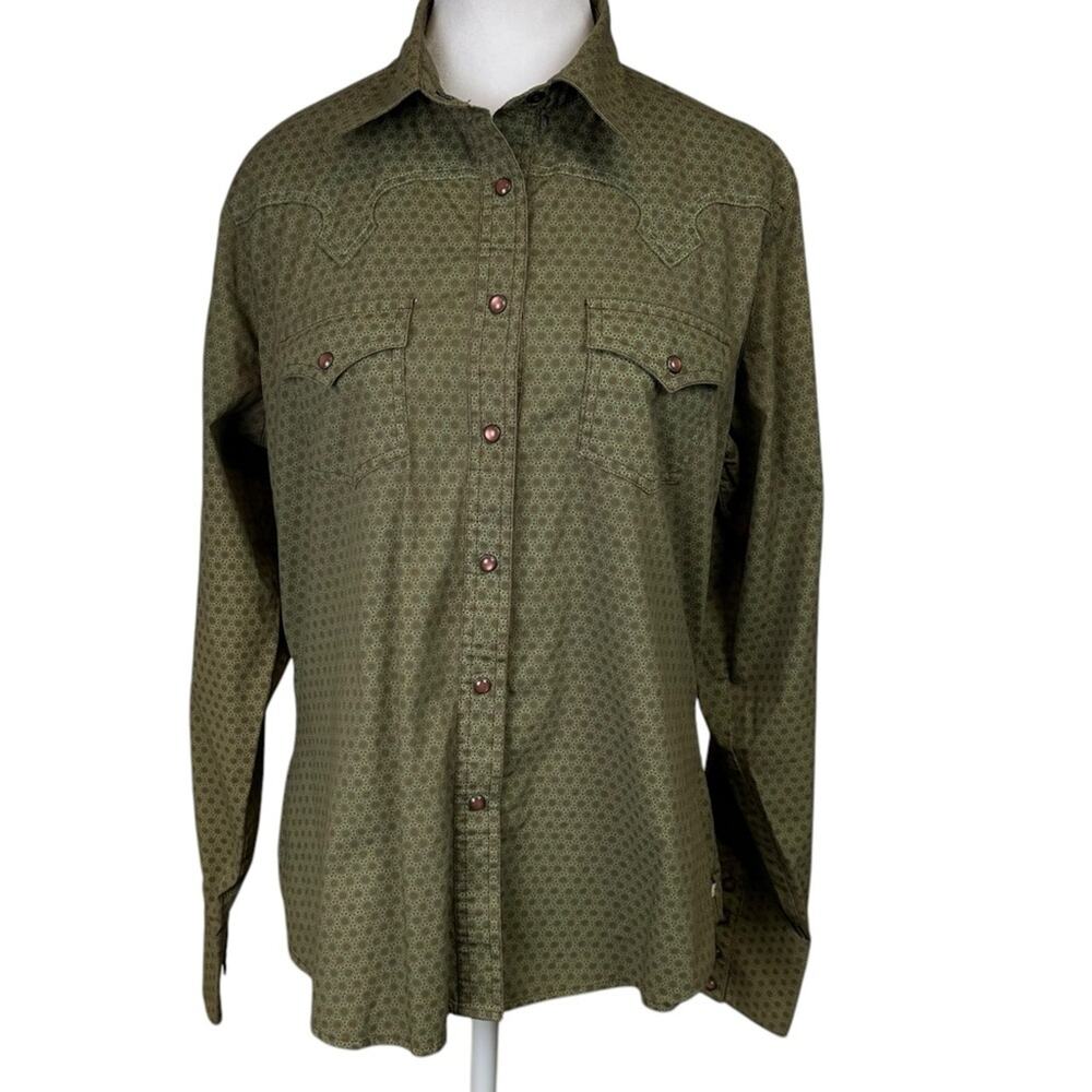 Rockies Western Pearl Snap Shirt Size Large Olive Green Long Sleeve